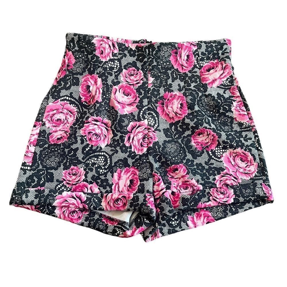 Stretch Bootie Black Lace & Pink Rose Print Shorts​​​​
